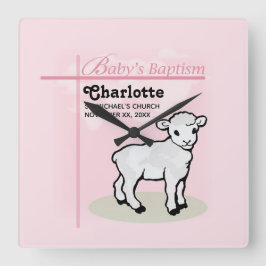 Relógio Quadrado Personalizável, Batismo, Rosa, Menina, Cordeiro
