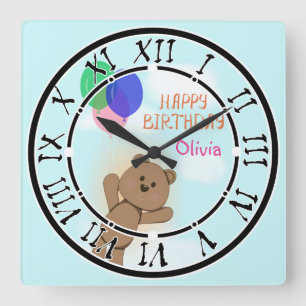 Relógio Quadrado Personalize, pessoal, aniversário, ursinho de pelú