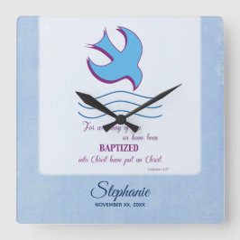 Relógio Quadrado Personalize, pomba do batismo adulto em azul