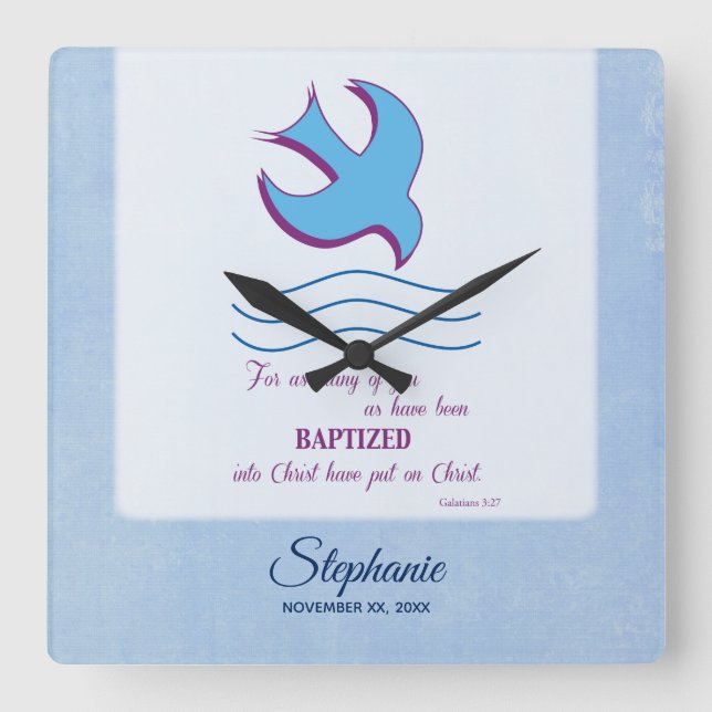 Relógio Quadrado Personalize, pomba do batismo adulto em azul (Frente)