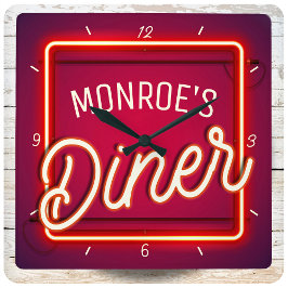 Relógio Quadrado Personalize seu NOME Red Faux Neon Sign Diner