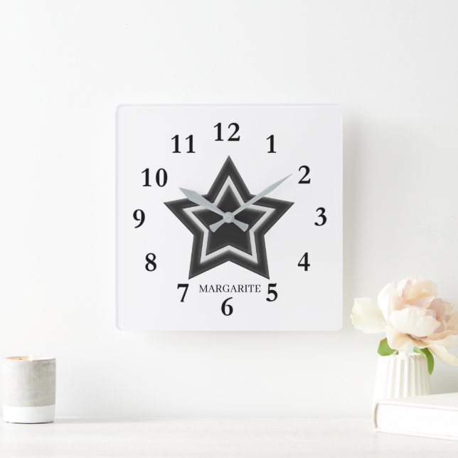 Relógio Quadrado Personalized Black & White Star (Lar)