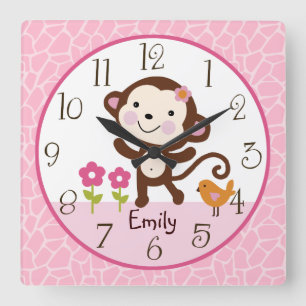 Relógio Quadrado Personalized Jungle Girl Monkey Nursery Clock