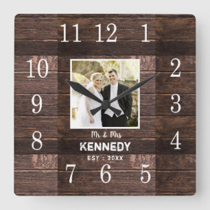 Relógio Quadrado Personalized Rustic Wood Photo Wedding Anniversary