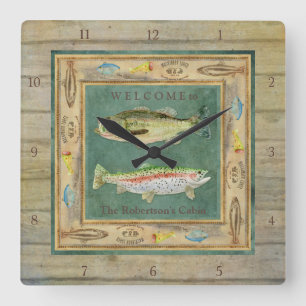 Relógio Quadrado Pesca de lago, grande baixo da boca, homens da
