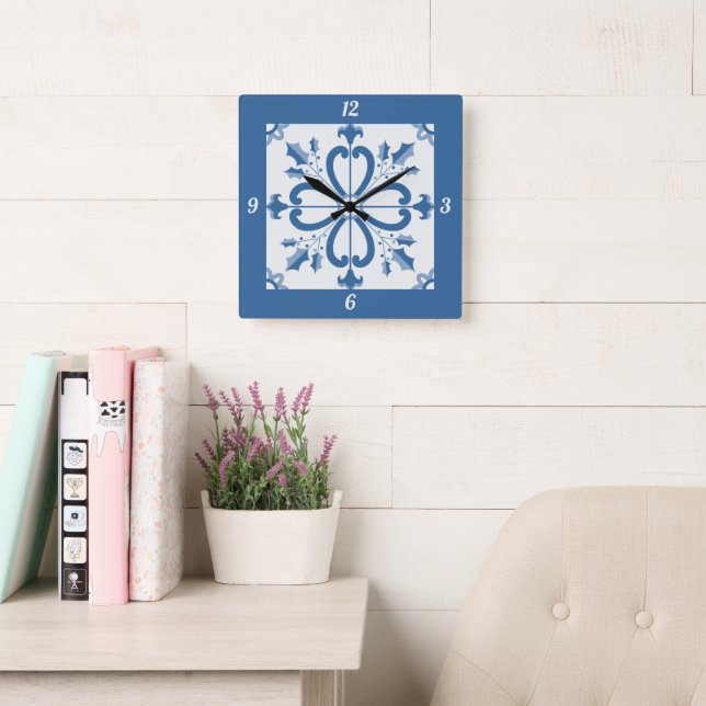 Relógio Quadrado Pétalas de Natal e flores azulejo azul (Sala de leitura)