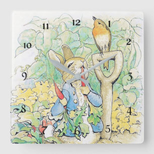 Relógio Quadrado "Peter Rabbit come a carrot", por Beatrix Potter