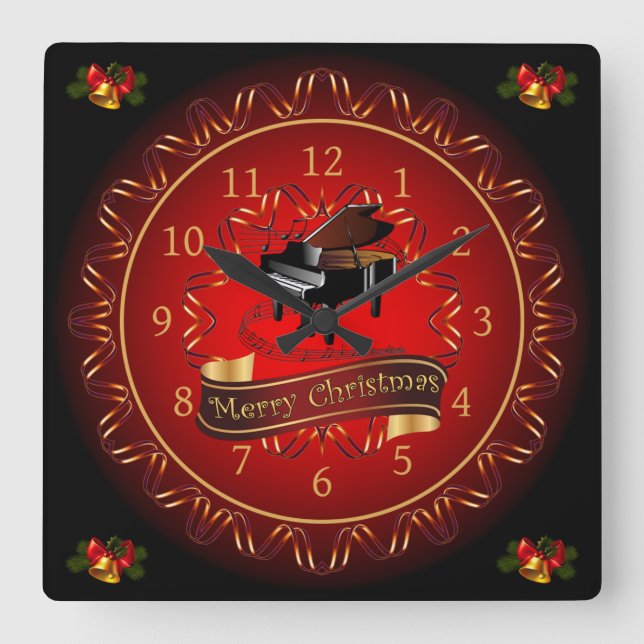 Relógio Quadrado Piano ~ Feliz Natal ~ Maroon & Black ~ (Frente)