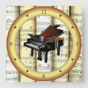 Relógio Quadrado Piano ~ Folha Rolada Música ~ Anel Dourado ~ * ~