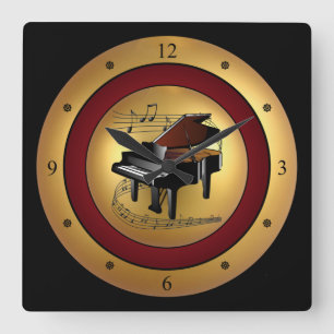 Relógio Quadrado Piano~Musical Scroll~Gold/Maroon/Black Background~