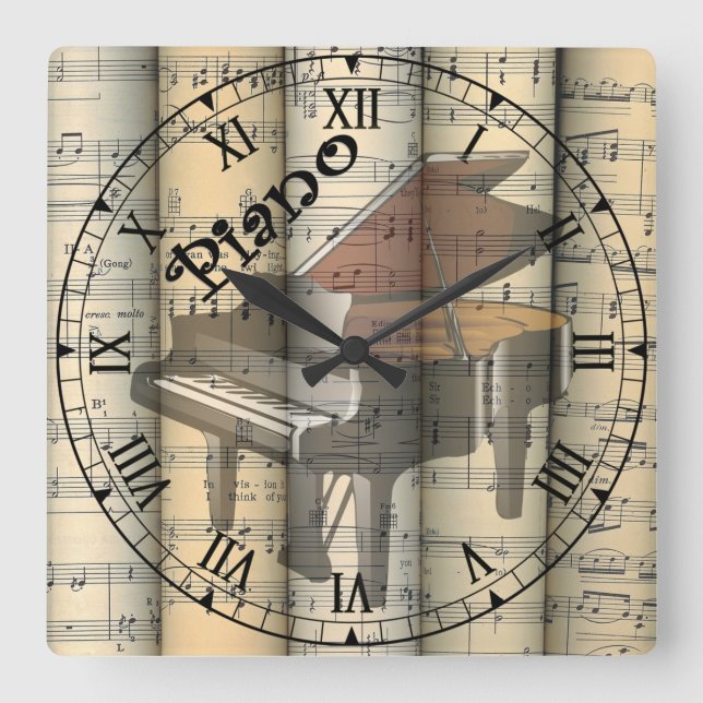 Relógio Quadrado Piano Transparente ~ Rolado Vintage Sheet Music ~ (Frente)