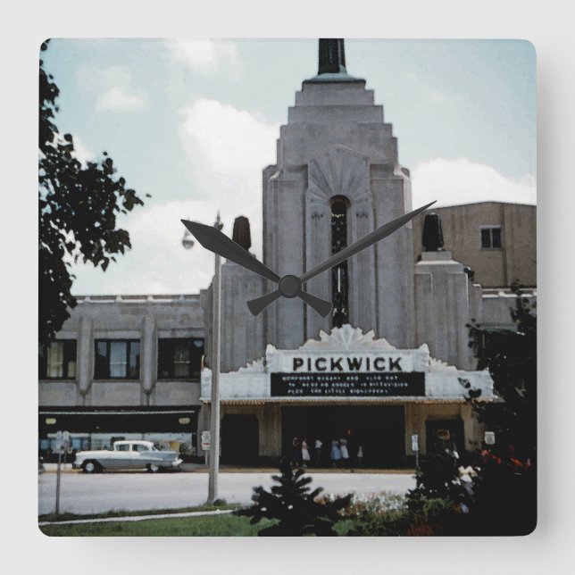 Relógio Quadrado Pickwick Movie Theater Park Ridge Watercolor Art (Frente)