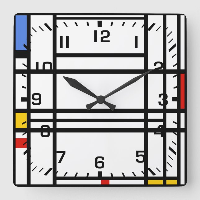 Relógio Quadrado Piet Mondrian, composição 10 (Frente)