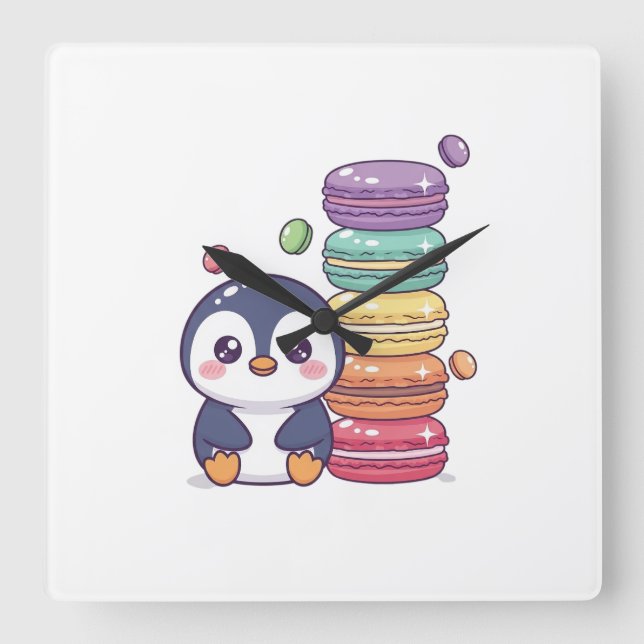 Relógio Quadrado Pilha de Macarons do Pinguim Doce (Frente)