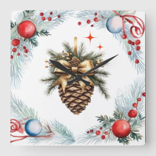 Relógio Quadrado Pine Cone Cercado Por Fio E Ornamentos