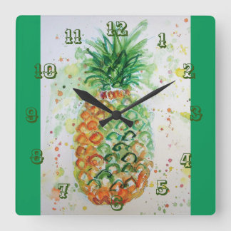 Relógio Quadrado Pineapple Lime Tropical Fruit Watercolor Art Squar