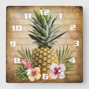 Relógio Quadrado Pineapple Tropical Francês Caligrafia sofisticada