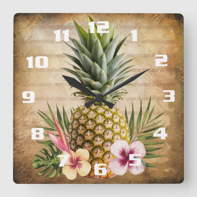 Relógio Quadrado Pineapple Tropical Francês Caligrafia sofisticada (Frente)