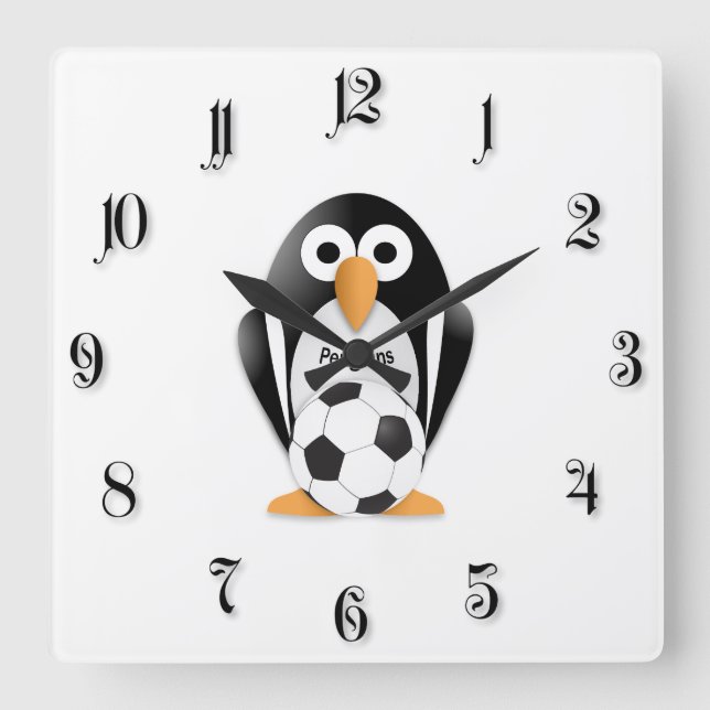 Relógio Quadrado Pinguim com uma bola de futebol (Frente)
