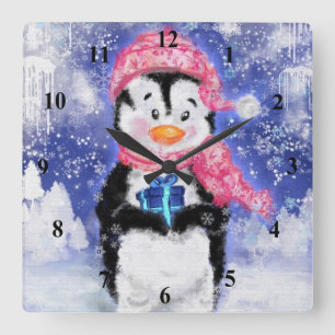 Relógio Quadrado Pinguim Feliz - Natal -