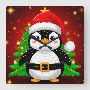 Relógio Quadrado 🎄🎅️ Pinguim Papai Noel Árvore de Natal Diversão