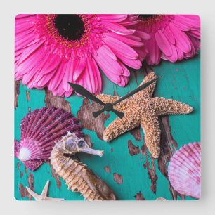 Relógio Quadrado Pink Daises And Seahorse With Starfish