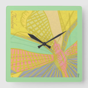 Relógio Quadrado Pink de borboleta Dourada abstrato