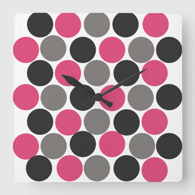 Relógio Quadrado Pink e Cinza Polika Dot (Frente)