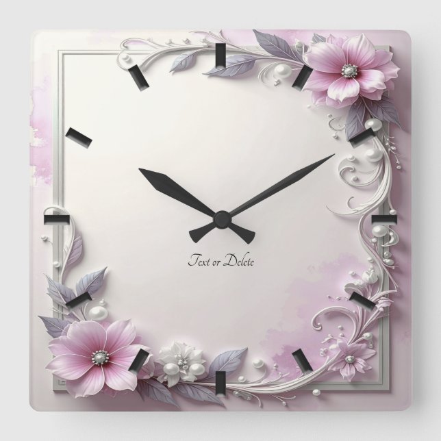 Relógio Quadrado Pink Floral Frame Wall Clock (Frente)