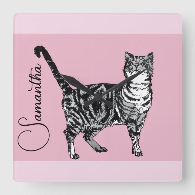 Relógio Quadrado Pink Tabby Cat Cats Pink Girls Name Nursery (Frente)