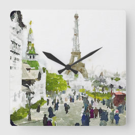 Relógio Quadrado Pintor de Aquarela em Torre Paris Eiffel