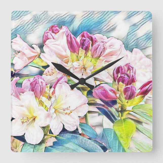 Relógio Quadrado Pintura aquosa de uma azeea rosa e branca (Frente)