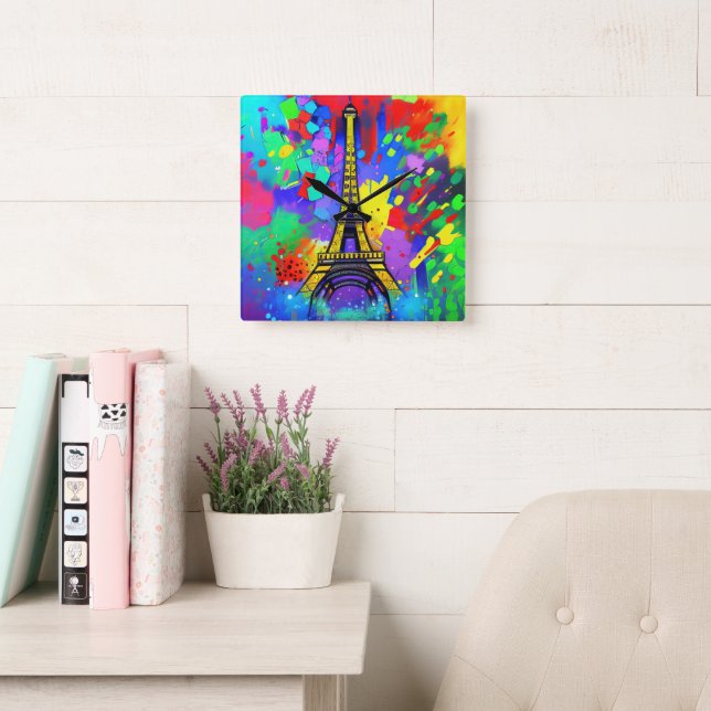Relógio Quadrado Pintura Colorida Eiffel (Sala de leitura)