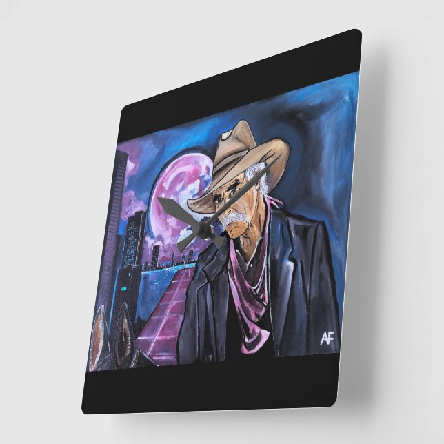 Relógio Quadrado Pintura da Lua Neon por Alfred Fox (Ângulo)