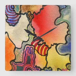 Relógio Quadrado pintura de abstrato em células de cor quente e leg
