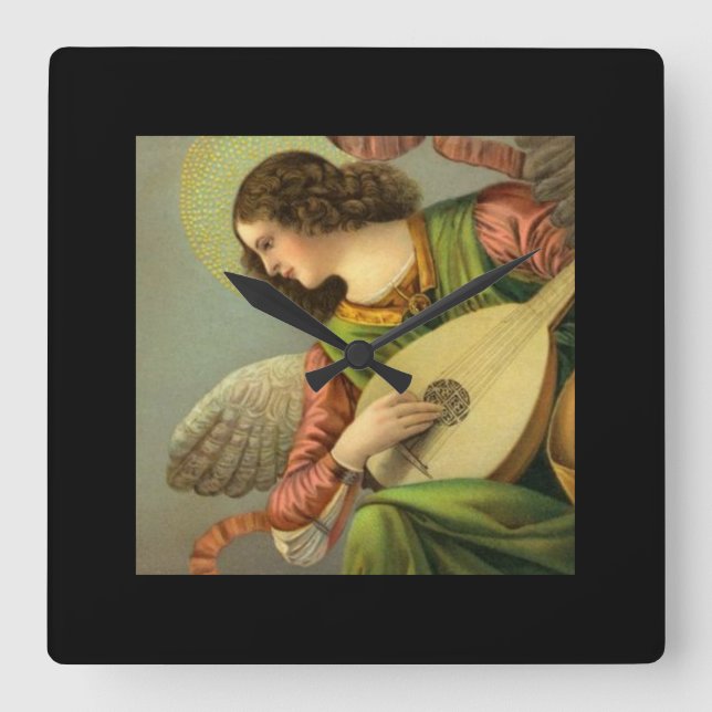 Relógio Quadrado Pintura de Anjo com Bandolim  (Frente)