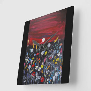 Relógio Quadrado Pintura de Flores Silvestres ao Pôr do Sol por Alf