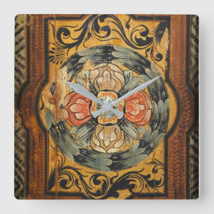 Relógio Quadrado pintura de madeira medieval vintage antiga hist gó