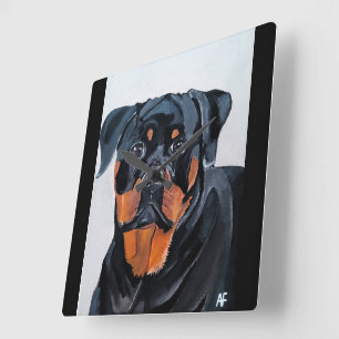 Relógio Quadrado Pintura de Rottweiler por Alfred Fox