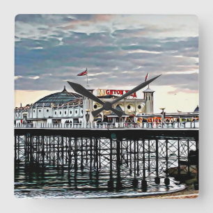 Relógio Quadrado Pintura digital Brighton Pier & Cloudy Sky