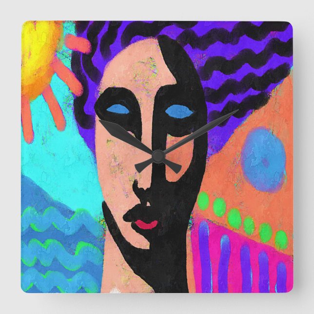 Relógio Quadrado Pintura digital Funky Abstrato (Frente)