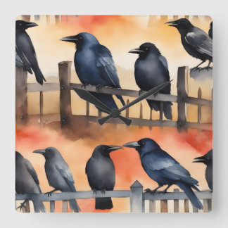Relógio Quadrado Pintura em aquarela de corvos pretos em uma cerca