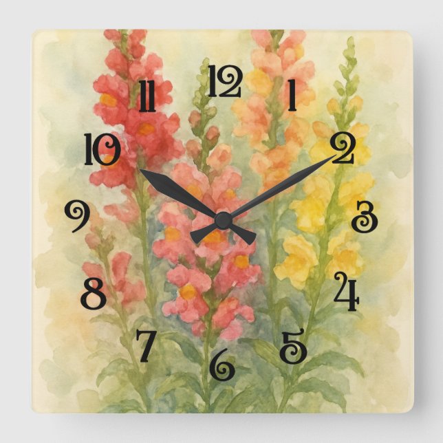 Relógio Quadrado Pintura em aquarela de Snapdragons 2 Wall Clock (Frente)