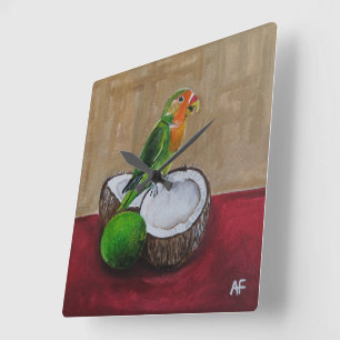 Relógio Quadrado Pintura Festa Tropical do Lovebird por Alfred Fox