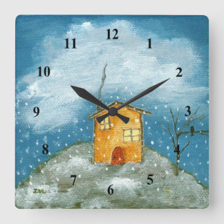 Relógio Quadrado Pintura Folclórica de Árvore de Neve em Casa Branc