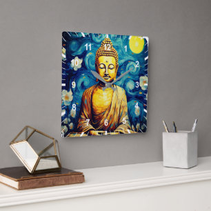 Relógio Quadrado pintura moderna de Buda colorida
