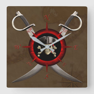 Relógio Quadrado Pirate Skull Compass Rose