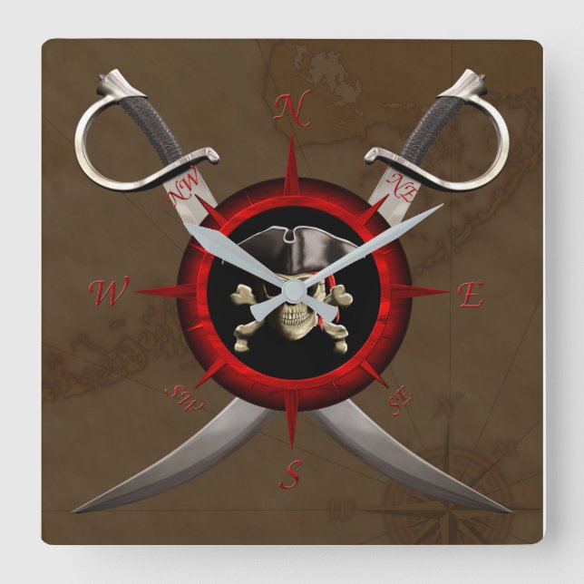 Relógio Quadrado Pirate Skull Compass Rose (Frente)