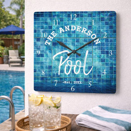 Relógio Quadrado Piscina Azul legal Nadação Azulejo Nome da Família