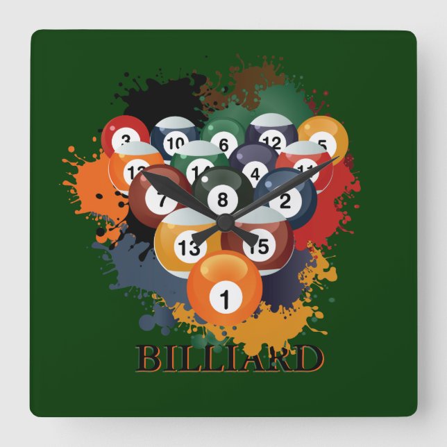 Relógio Quadrado Piscina Billiard Balls Wall Clock (Frente)